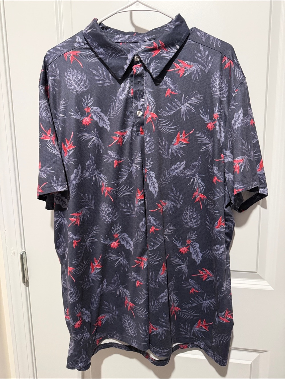 Chaps Dark Navy Polo with Red & Gray Botanical Print